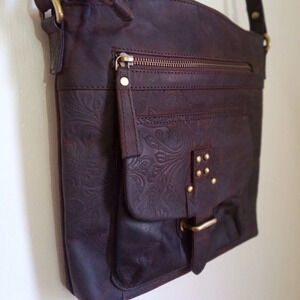 Rustic Dark brown floral embossed burnished leather crossbody bag